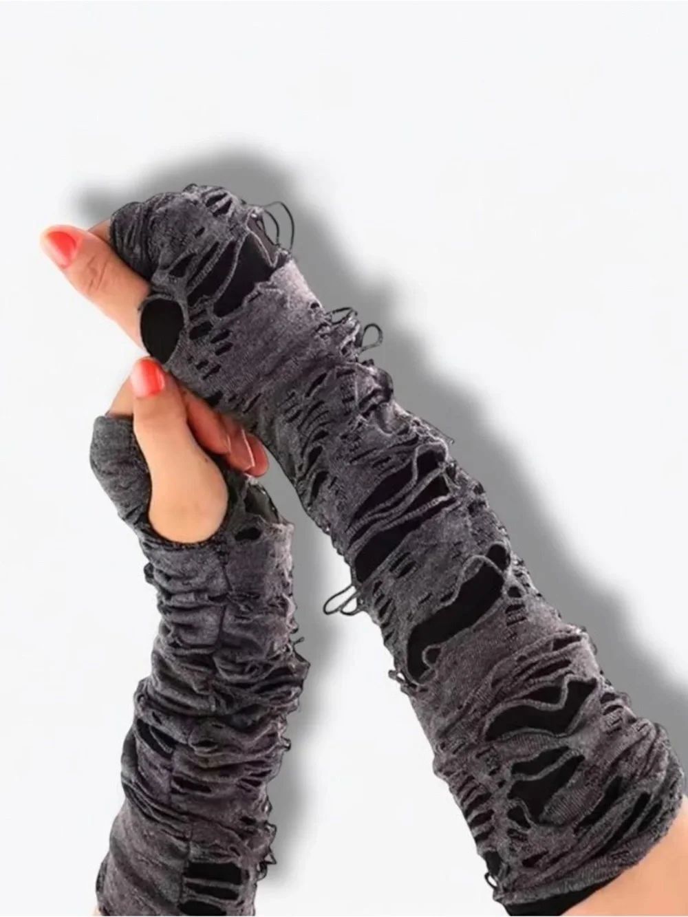 Ripped Long Mummy Gloves Gray Shredded Arm Warmers Zombie Gloves OS NWT